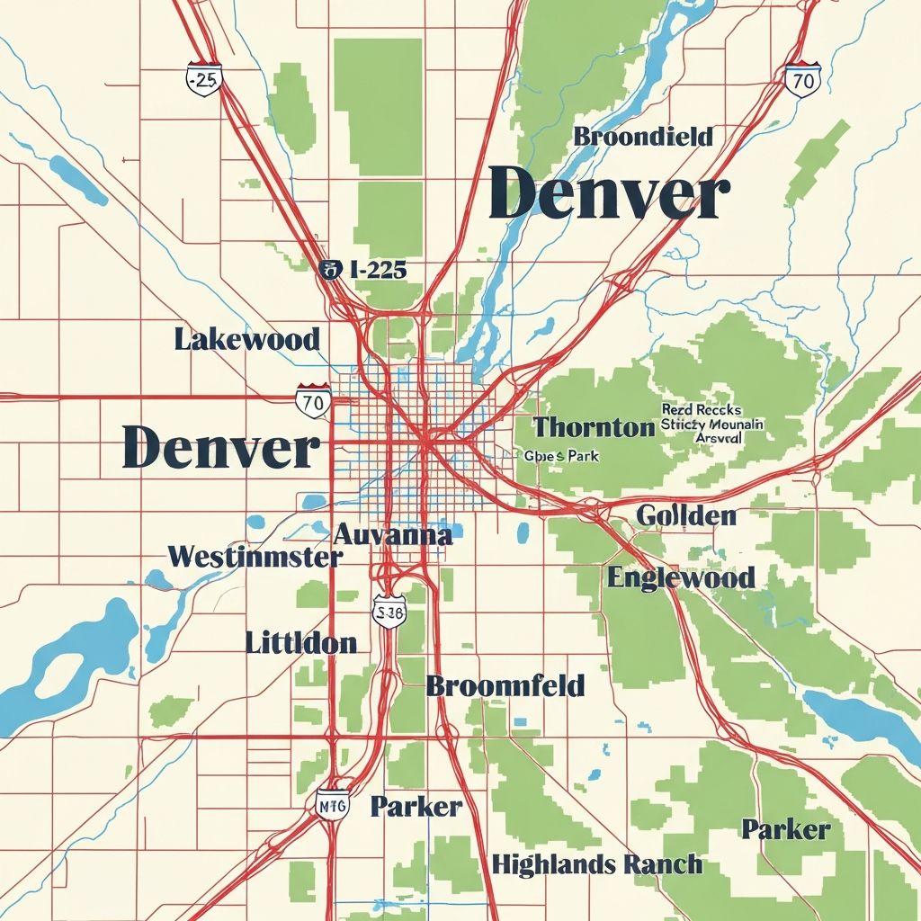 Final Fix HVAC service area map covering the Denver metro area including Golden, Aurora, Lakewood, Arvada, Westminster, Thornton, Centennial, Highlands Ranch, Littleton, and surrounding communities